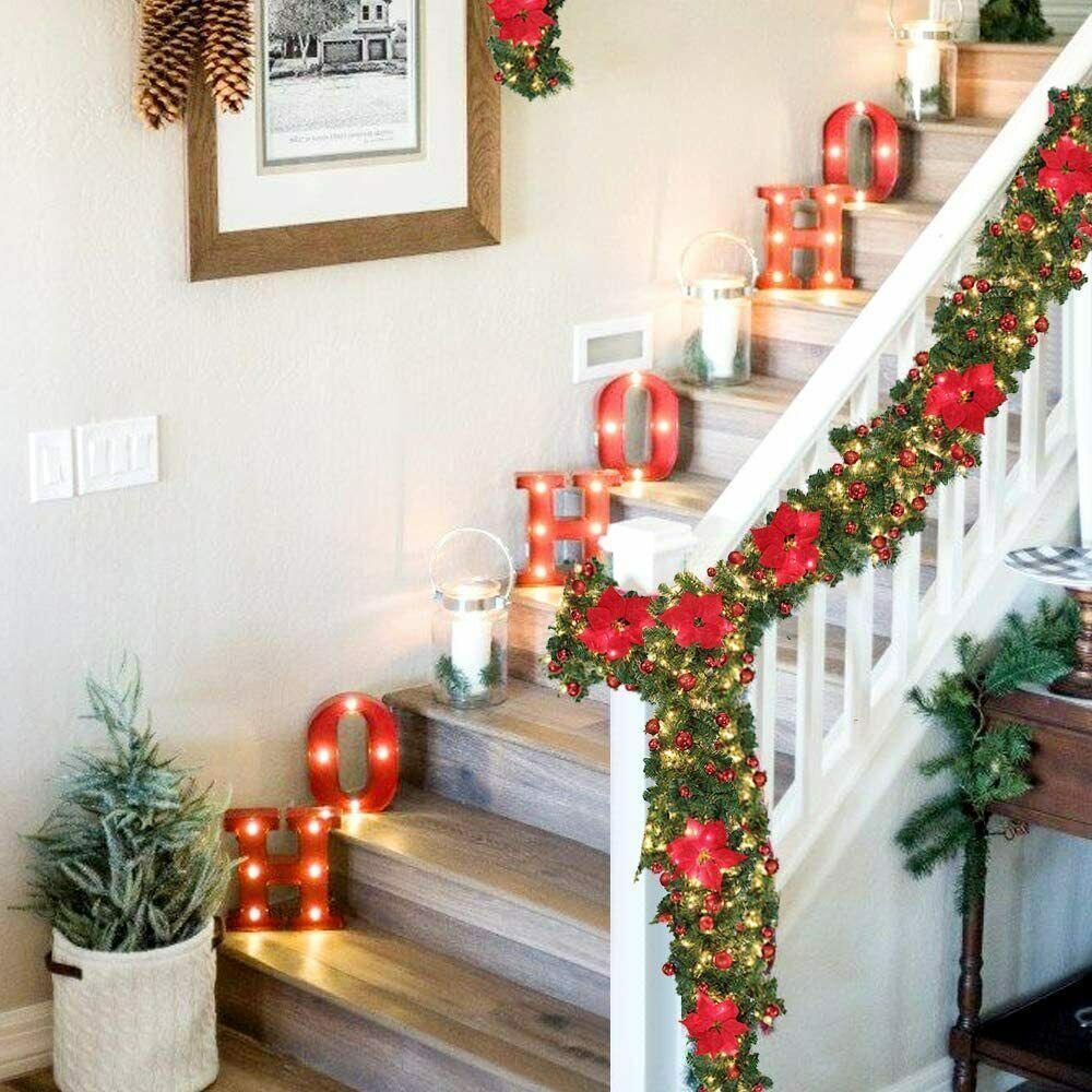 RED 9FT Xmas Christmas Garland Artificial Wreath with LED Lights Stairs Home Rattan V201-QUEW13865265