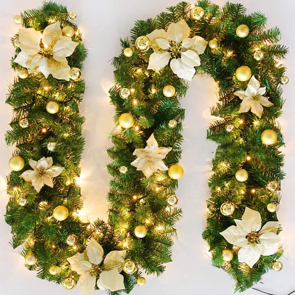 Gloden 9FT Xmas Christmas Garland Artificial Wreath with LED Lights Stairs Home Rattan V201-QUEW13865266
