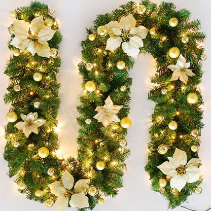 Gloden 9FT Xmas Christmas Garland Artificial Wreath with LED Lights Stairs Home Rattan V201-QUEW13865266