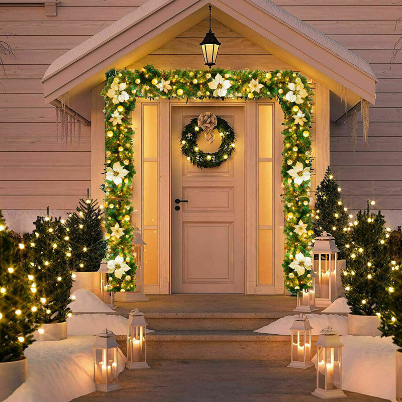 Gloden 9FT Xmas Christmas Garland Artificial Wreath with LED Lights Stairs Home Rattan V201-QUEW13865266
