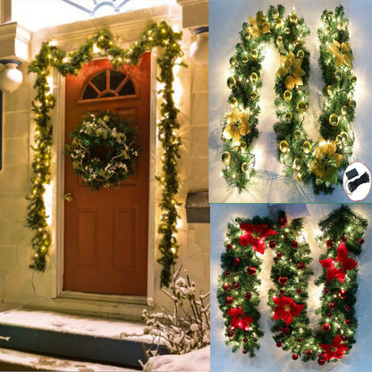 Gloden 9FT Xmas Christmas Garland Artificial Wreath with LED Lights Stairs Home Rattan V201-QUEW13865266
