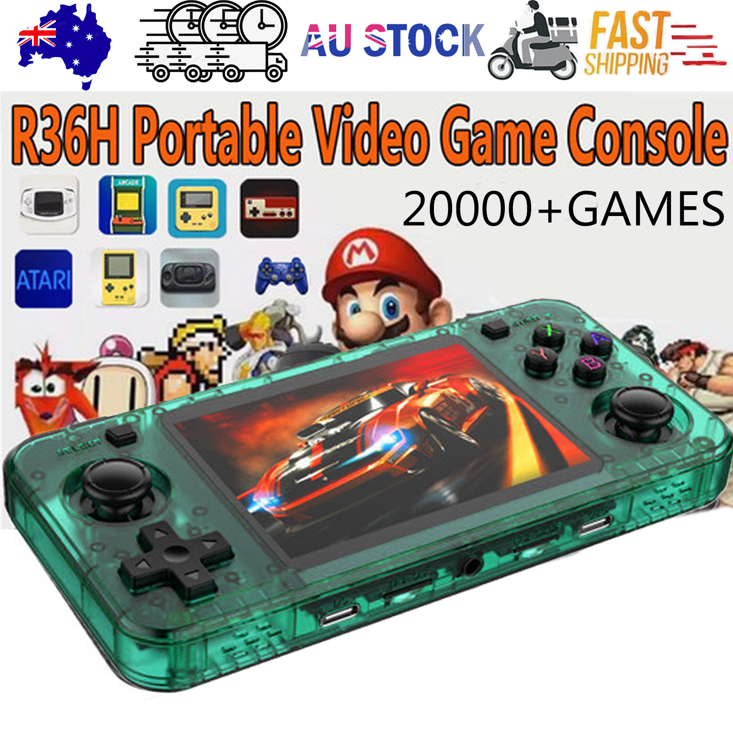 20000+ Games R36H Portable Video Game Consoles Retro Handheld Game Console Green V201-R36H0128RG8AU