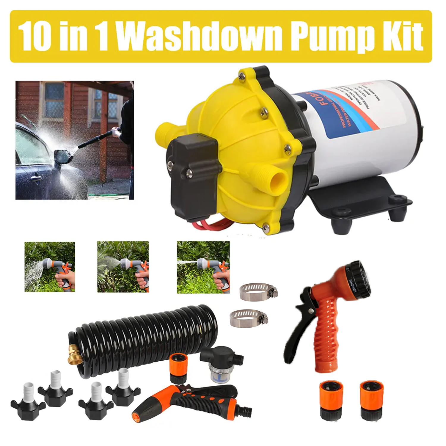 6.6GPM Washdown Pump Kit 12V Wash Pump w/ Hose Nozzle For Caravan RV Marine Boat V201-SFLO0012YL8AU