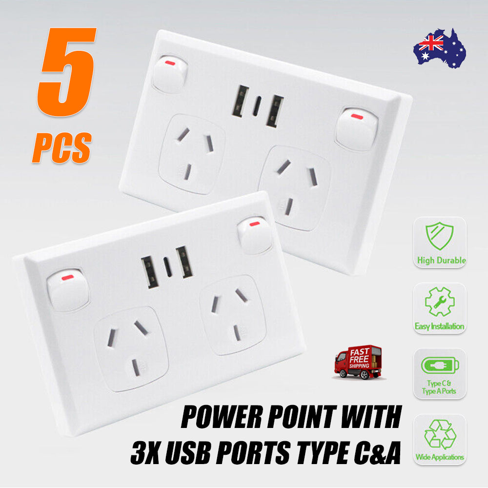 5PCS Double Power Point Dual USB+Type-C GPO Fast Charge 3.6 amp Wall Outlet V201-SKT0201WH8-5AU