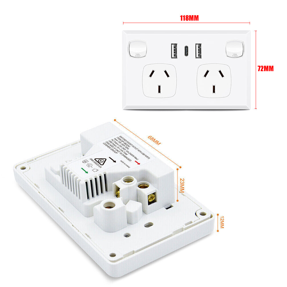 5PCS Double Power Point Dual USB+Type-C GPO Fast Charge 3.6 amp Wall Outlet V201-SKT0201WH8-5AU