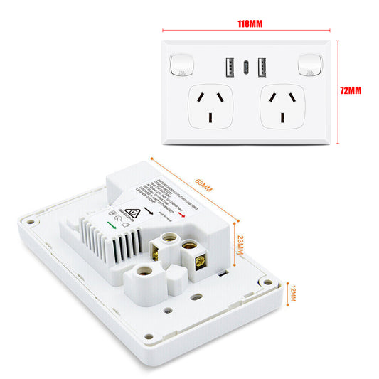 5PCS Double Power Point Dual USB+Type-C GPO Fast Charge 3.6 amp Wall Outlet V201-SKT0201WH8-5AU