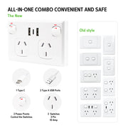5PCS Double Power Point Dual USB+Type-C GPO Fast Charge 3.6 amp Wall Outlet V201-SKT0201WH8-5AU