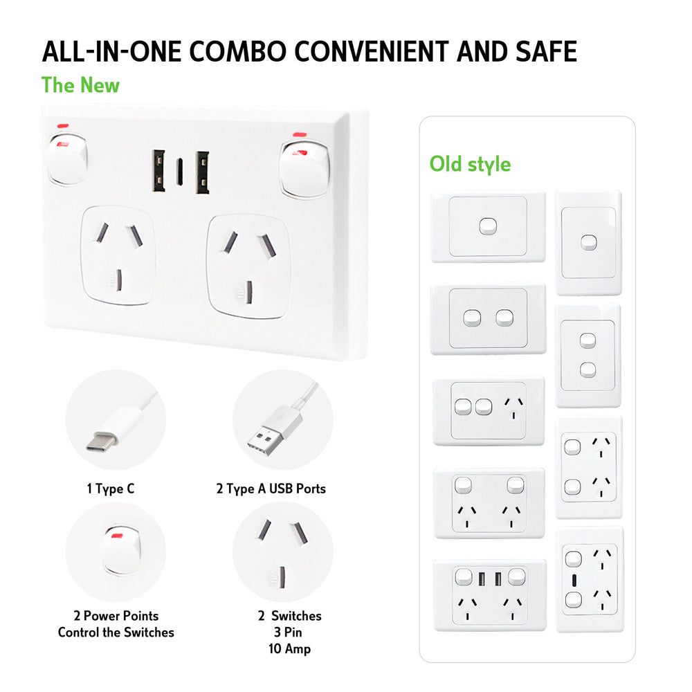 5PCS Double Power Point Dual USB+Type-C GPO Fast Charge 3.6 amp Wall Outlet V201-SKT0201WH8-5AU