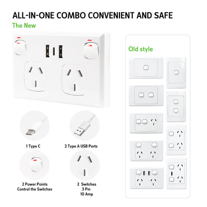 5PCS Double Power Point Dual USB+Type-C GPO Fast Charge 3.6 amp Wall Outlet V201-SKT0201WH8-5AU