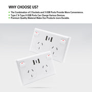 5PCS Double Power Point Dual USB+Type-C GPO Fast Charge 3.6 amp Wall Outlet V201-SKT0201WH8-5AU