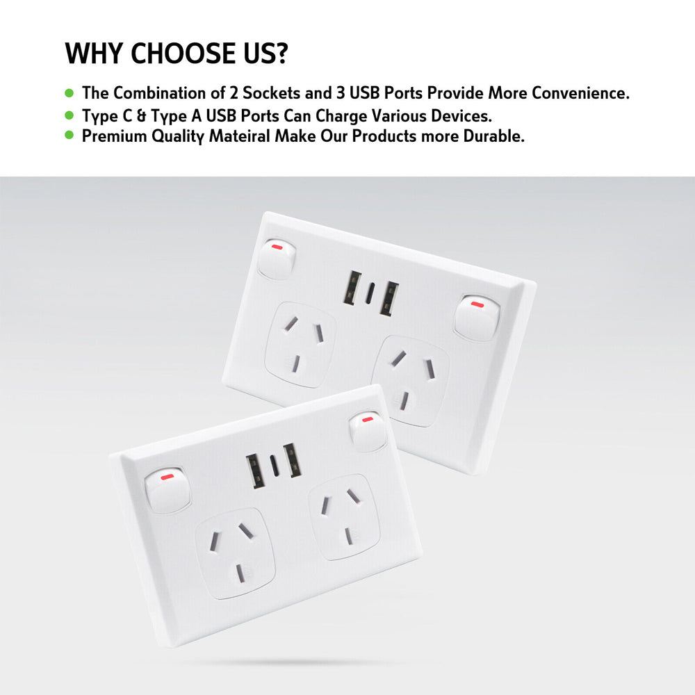 5PCS Double Power Point Dual USB+Type-C GPO Fast Charge 3.6 amp Wall Outlet V201-SKT0201WH8-5AU