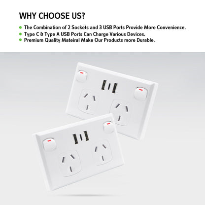 5PCS Double Power Point Dual USB+Type-C GPO Fast Charge 3.6 amp Wall Outlet V201-SKT0201WH8-5AU