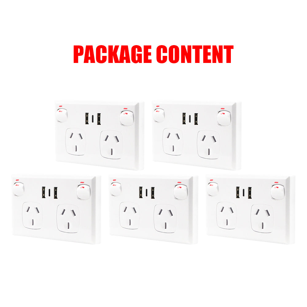 5PCS Double Power Point Dual USB+Type-C GPO Fast Charge 3.6 amp Wall Outlet V201-SKT0201WH8-5AU