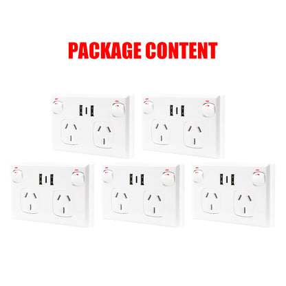 5PCS Double Power Point Dual USB+Type-C GPO Fast Charge 3.6 amp Wall Outlet V201-SKT0201WH8-5AU