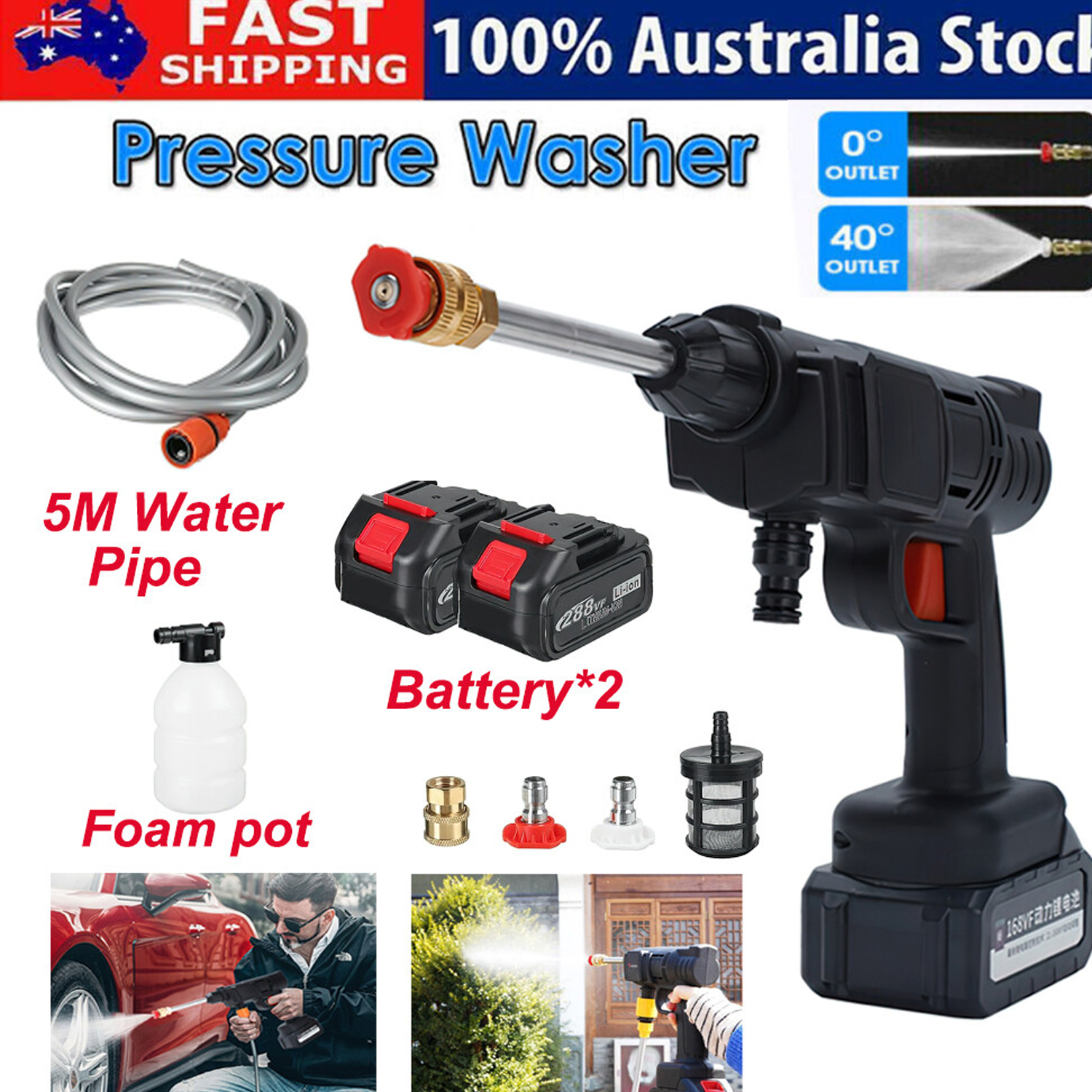 88V Cordless Electric High Pressure Washer Water Spray Gun Car Cleaner 2 Battery V201-SPRAY02BL8AU2