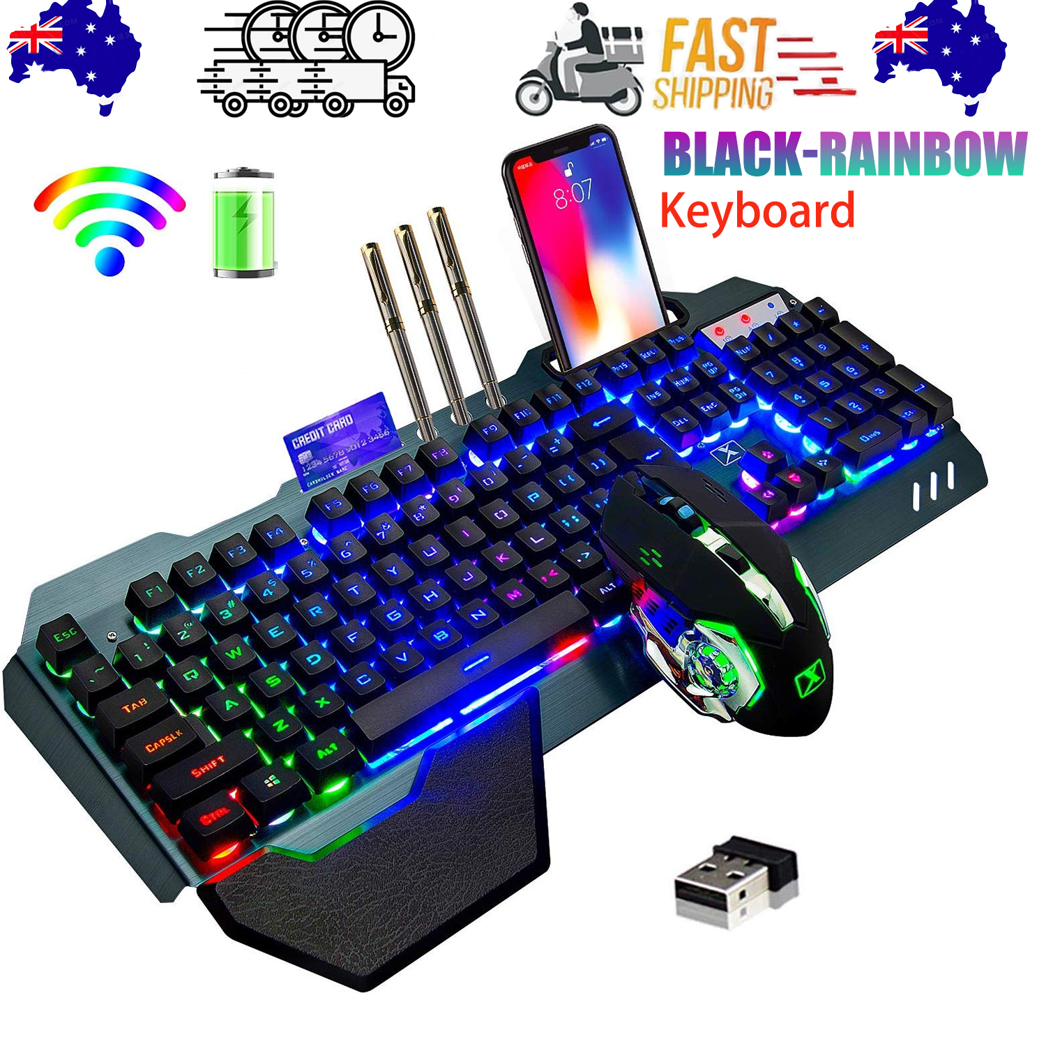 104 Keys Wireless Gaming Keyboard Mouse Set+Mouse Pad, RGB LED Backlit PC/Laptop Black-Rainbow V201-W10877049
