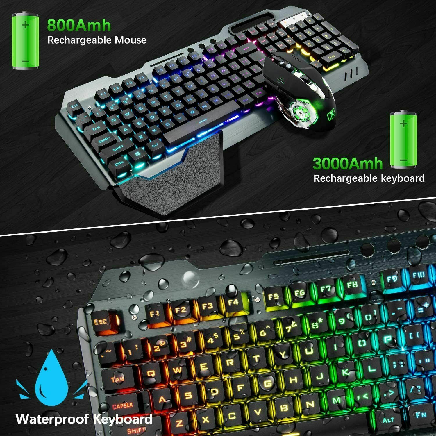 104 Keys Wireless Gaming Keyboard Mouse Set+Mouse Pad, RGB LED Backlit PC/Laptop Black-Rainbow V201-W10877049