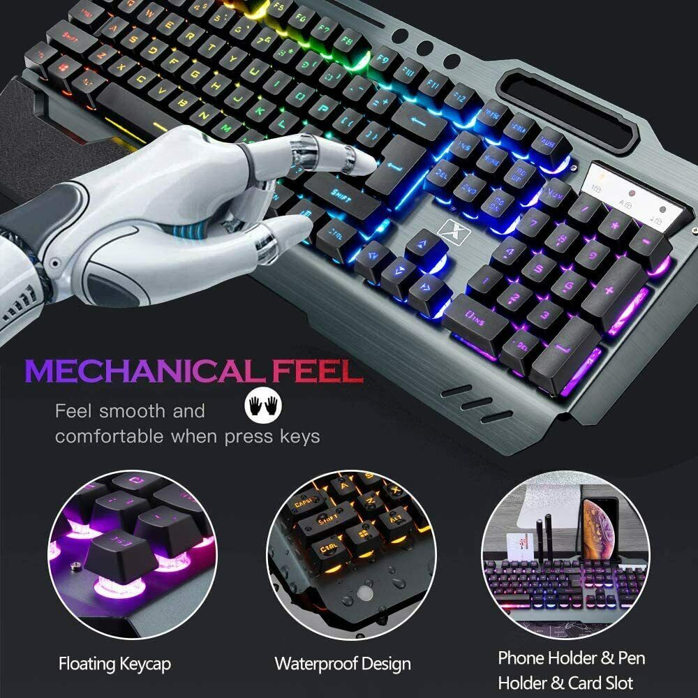 104 Keys Wireless Gaming Keyboard Mouse Set+Mouse Pad, RGB LED Backlit PC/Laptop Black-Rainbow V201-W10877049