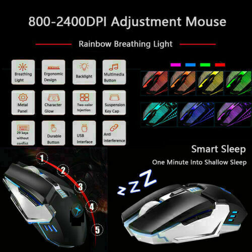 104 Keys Wireless Gaming Keyboard Mouse Set+Mouse Pad, RGB LED Backlit PC/Laptop Black-Rainbow V201-W10877049