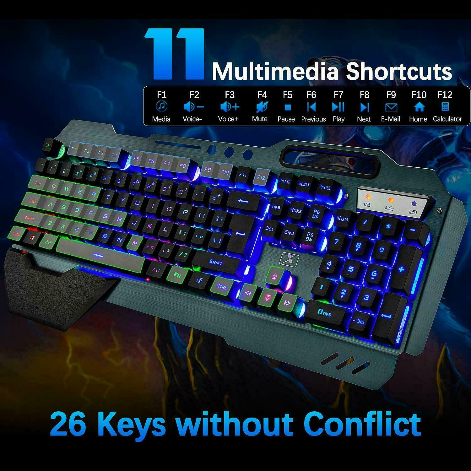 104 Keys Wireless Gaming Keyboard Mouse Set+Mouse Pad, RGB LED Backlit PC/Laptop Black-Rainbow V201-W10877049