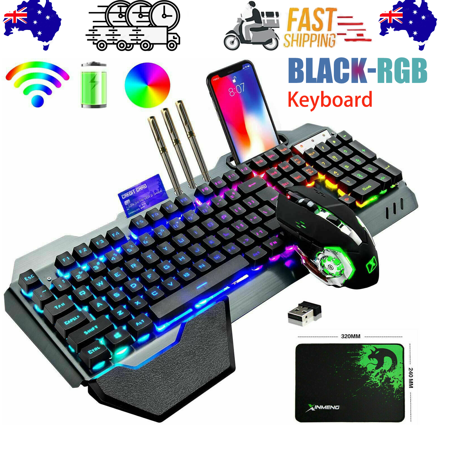 104 Keys Wireless Gaming Keyboard Mouse Set+Mouse Pad, RGB LED Backlit PC/Laptop Black-RGB V201-W10916988