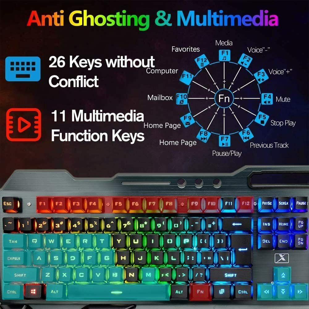 104 Keys Wireless Gaming Keyboard Mouse Set+Mouse Pad, RGB LED Backlit PC/Laptop Black-RGB V201-W10916988