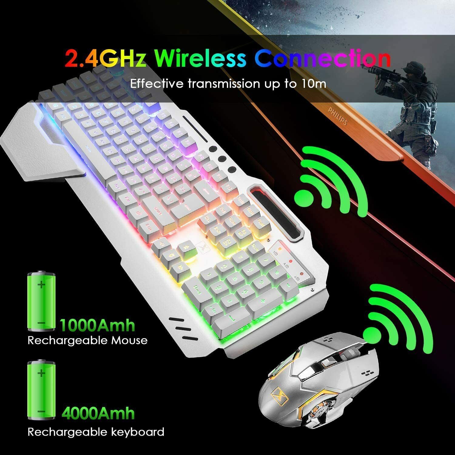 104 Keys Wireless Gaming Keyboard Mouse Set+Mouse Pad, RGB LED Backlit PC/Laptop White-RGB V201-W11043639