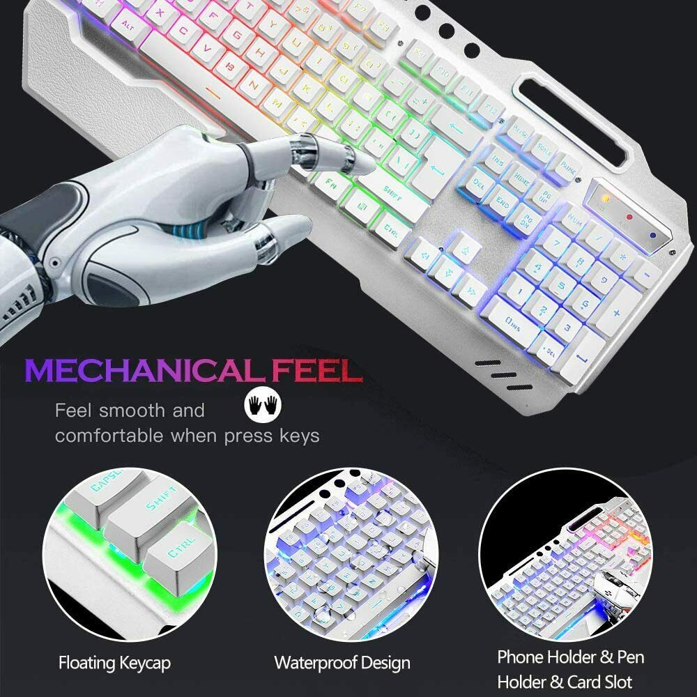 104 Keys Wireless Gaming Keyboard Mouse Set+Mouse Pad, RGB LED Backlit PC/Laptop White-RGB V201-W11043639