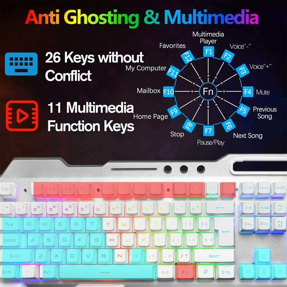 104 Keys Wireless Gaming Keyboard Mouse Set+Mouse Pad, RGB LED Backlit PC/Laptop White-RGB V201-W11043639