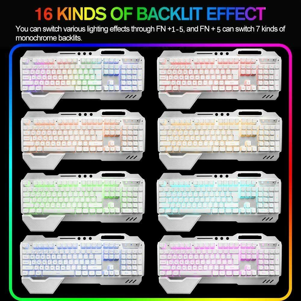 104 Keys Wireless Gaming Keyboard Mouse Set+Mouse Pad, RGB LED Backlit PC/Laptop White-RGB V201-W11043639