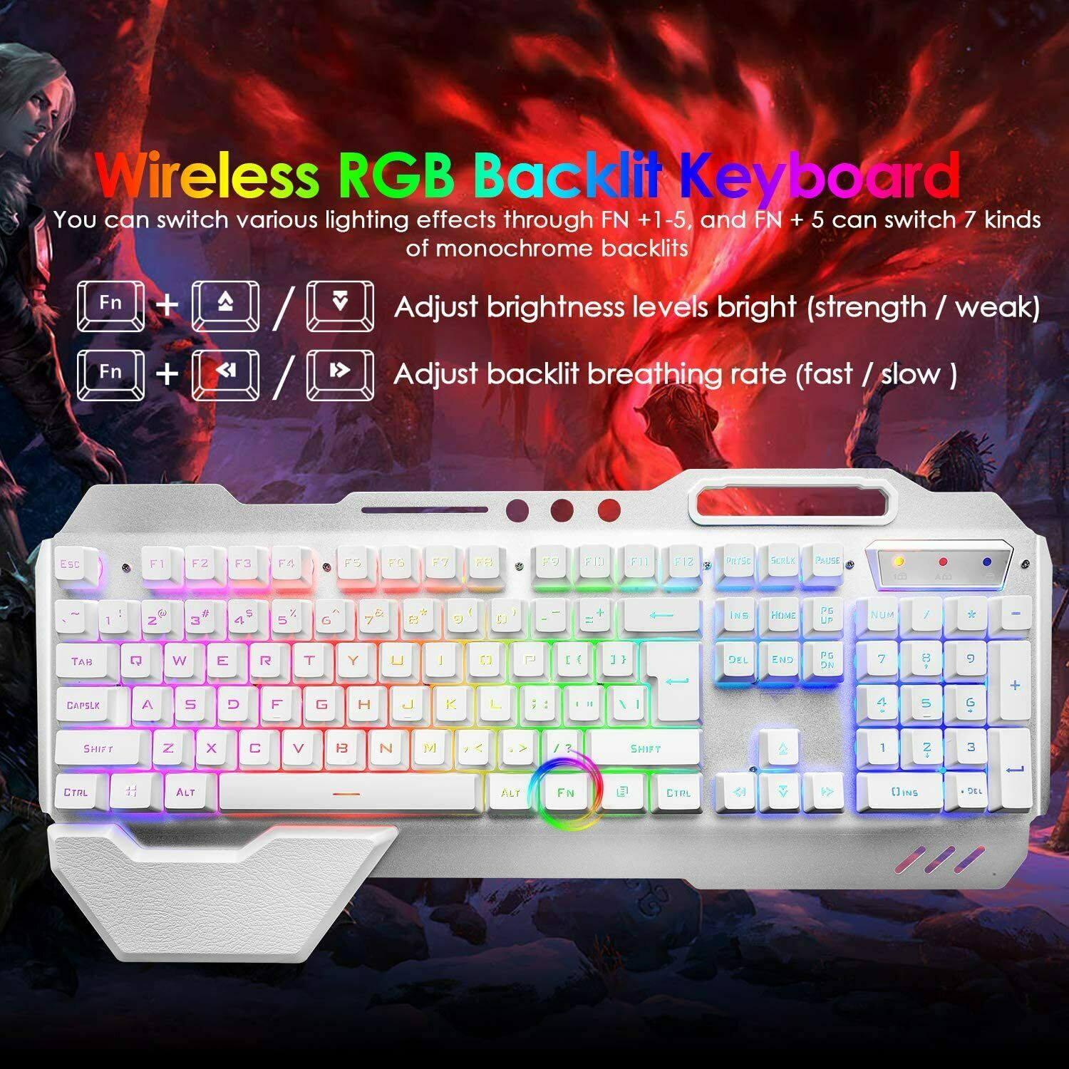 104 Keys Wireless Gaming Keyboard Mouse Set+Mouse Pad, RGB LED Backlit PC/Laptop White-RGB V201-W11043639