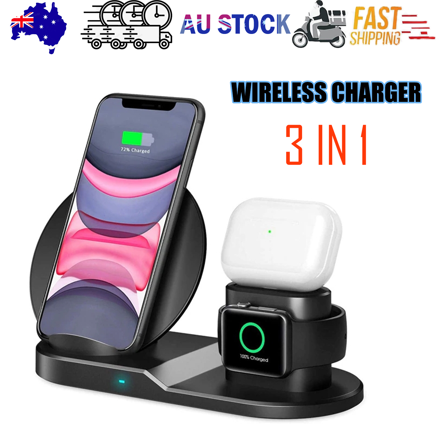 N30 3 in 1 Wireless Charger Qi Fast Charger Stand for iPhone/Samsung/Airpods/Apple Watch-Black V201-W11325558