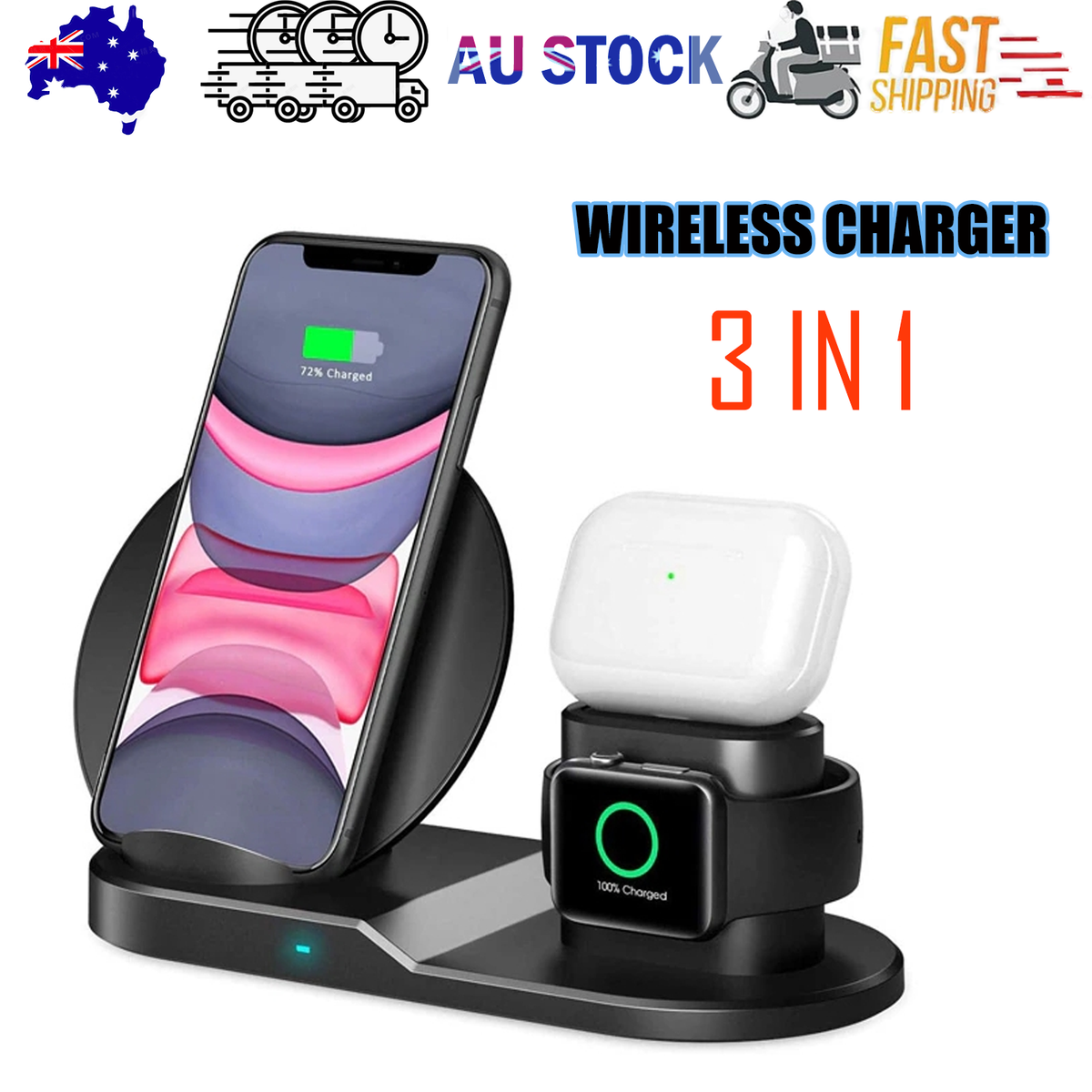 N30 3 in 1 Wireless Charger Qi Fast Charger Stand for iPhone/Samsung/Airpods/Apple Watch-Black V201-W11325558