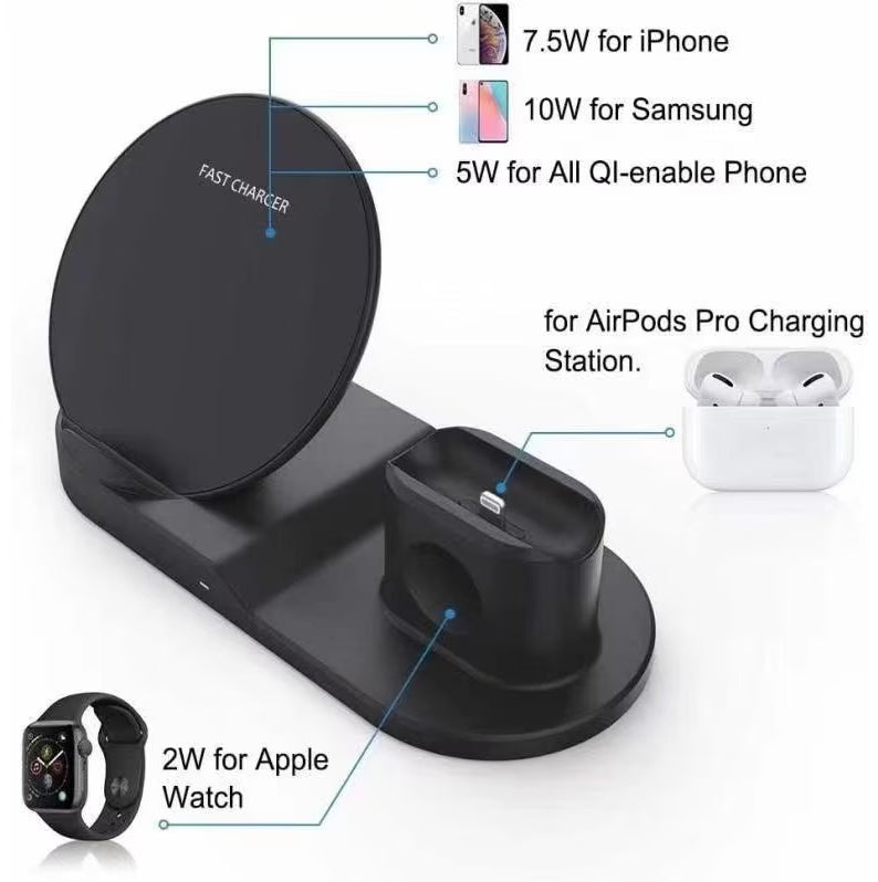 N30 3 in 1 Wireless Charger Qi Fast Charger Stand for iPhone/Samsung/Airpods/Apple Watch-Black V201-W11325558