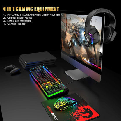 Gaming Keyboard & Mouse & Headset & Mousepad Set RGB Backlit Wired for PC Laptop V201-W11439577