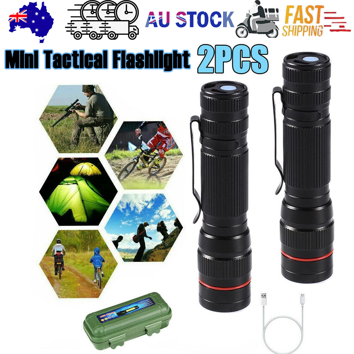2x Mini Tactical Flashlight Small LED Torch 3 Mode Super Bright Light Clip Lamp V201-W11598118