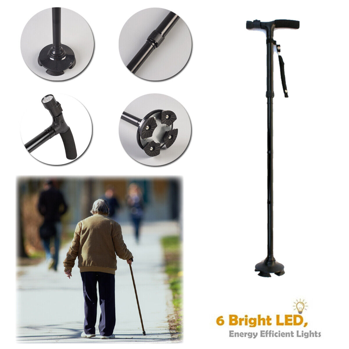 Walking Stick Cane Folding Handle Adjustable fixed LED Light Aid Holder Lighting V201-W11598221