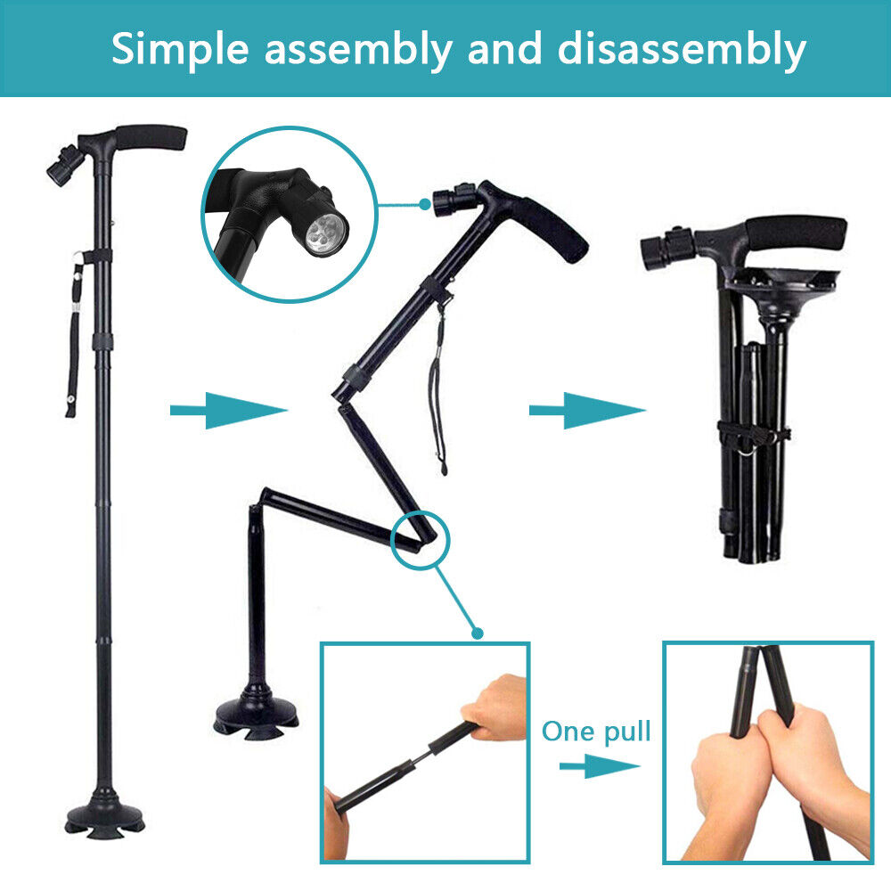 Walking Stick Cane Folding Handle Adjustable fixed LED Light Aid Holder Lighting V201-W11598221