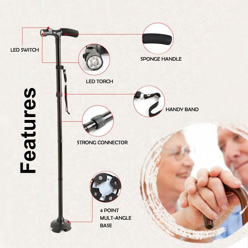 Walking Stick Cane Folding Handle Adjustable fixed LED Light Aid Holder Lighting V201-W11598221