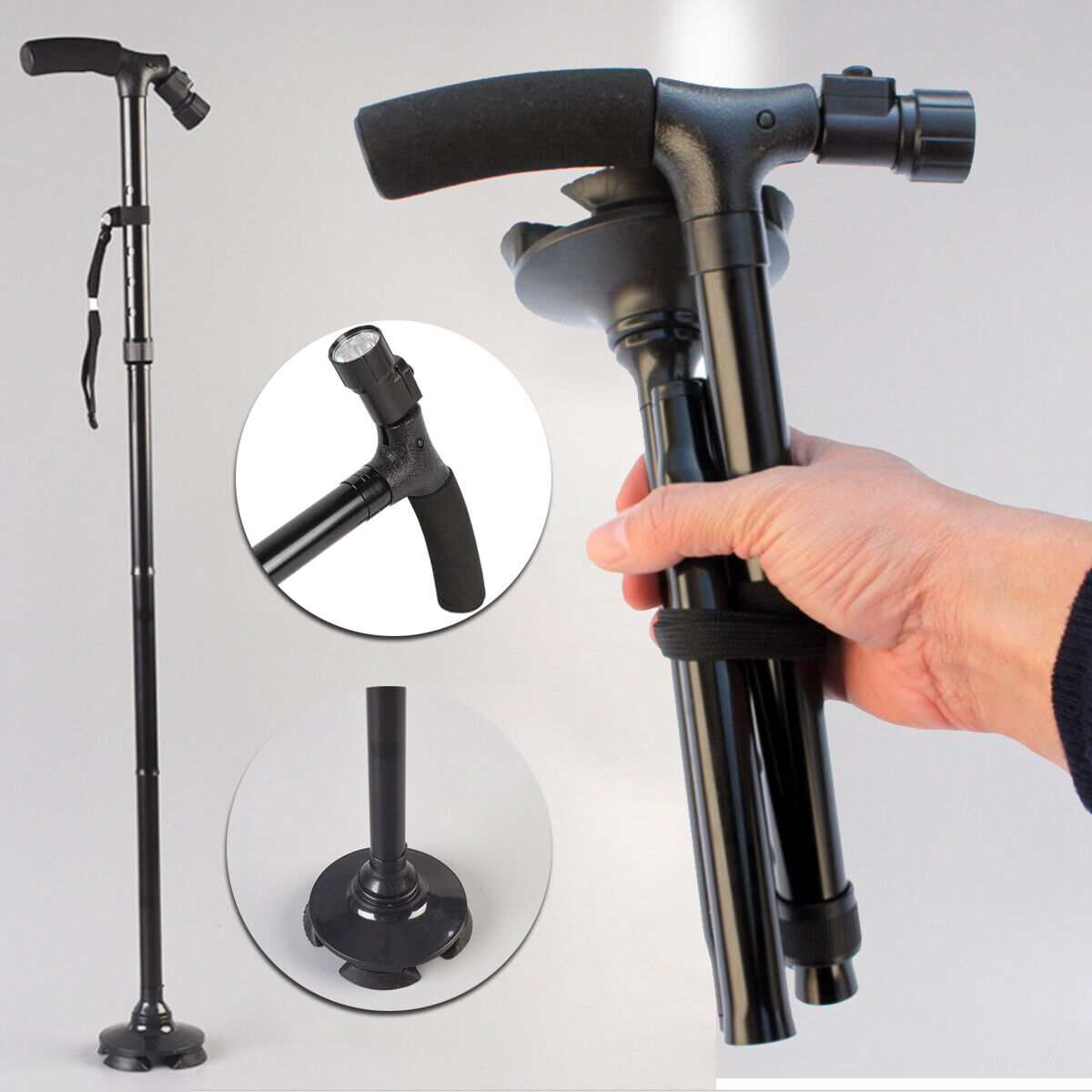 Walking Stick Cane Folding Handle Adjustable fixed LED Light Aid Holder Lighting V201-W11598221