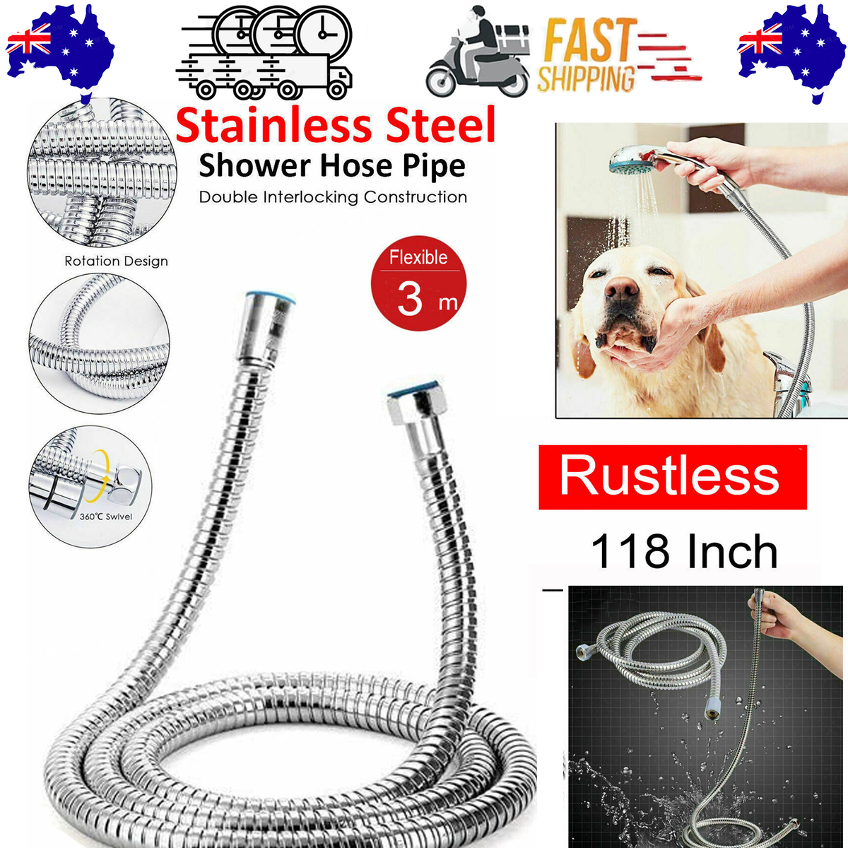 3m Shower Head Hose Stainless Steel Bathroom Flexible Tube Replacement Pipe AU V201-W11598243