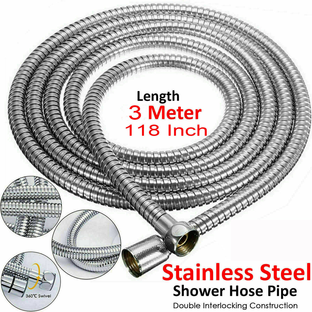 3m Shower Head Hose Stainless Steel Bathroom Flexible Tube Replacement Pipe AU V201-W11598243