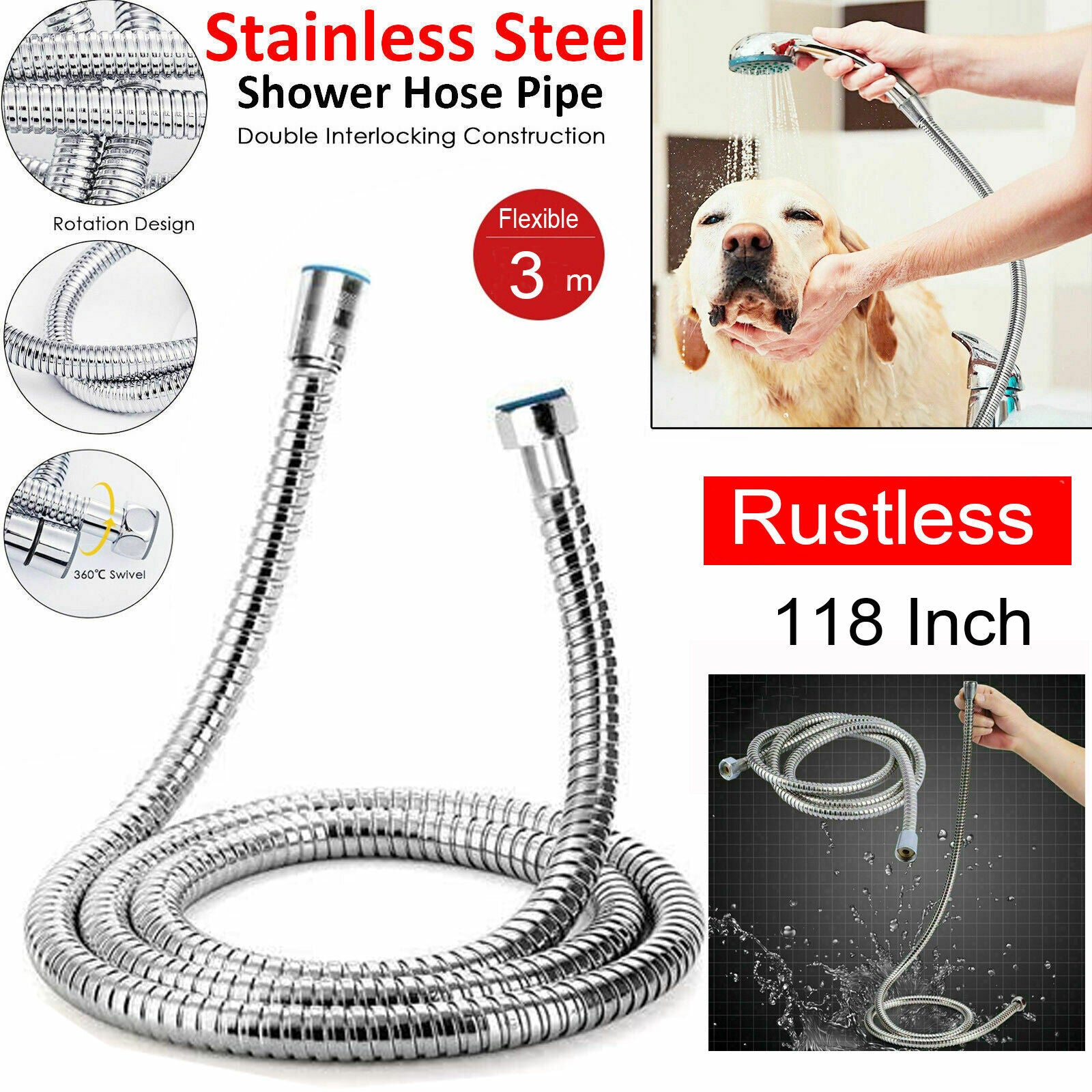 3m Shower Head Hose Stainless Steel Bathroom Flexible Tube Replacement Pipe AU V201-W11598243