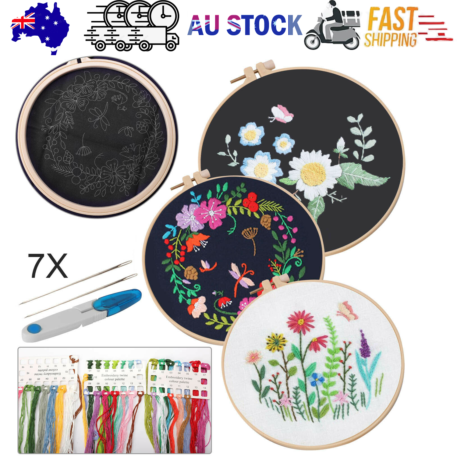 Embroidery Beginners DIY Cross Stitch Kits Pre-Printed Floral Pattern With Hoop. V201-W11877795