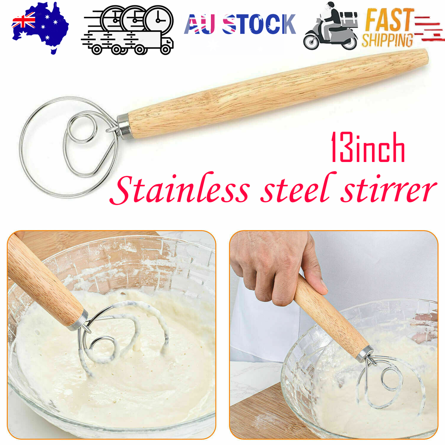 13 INCHES BAKING DOUGH STAINLESS STEEL LARGE WIRE WHISK MIXER BREAD COOKING TOOL V201-W12063003