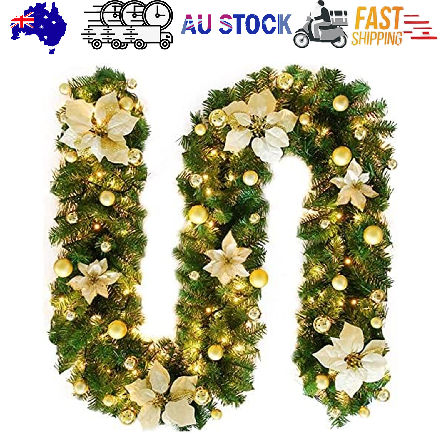2.7M Christmas Garland with Lights Rattan Artificial Garland Green for Indoor Home Fireplace Stair V201-W12360742