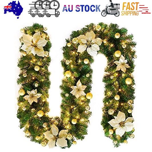 2.7M Christmas Garland with Lights Rattan Artificial Garland Green for Indoor Home Fireplace Stair V201-W12360742