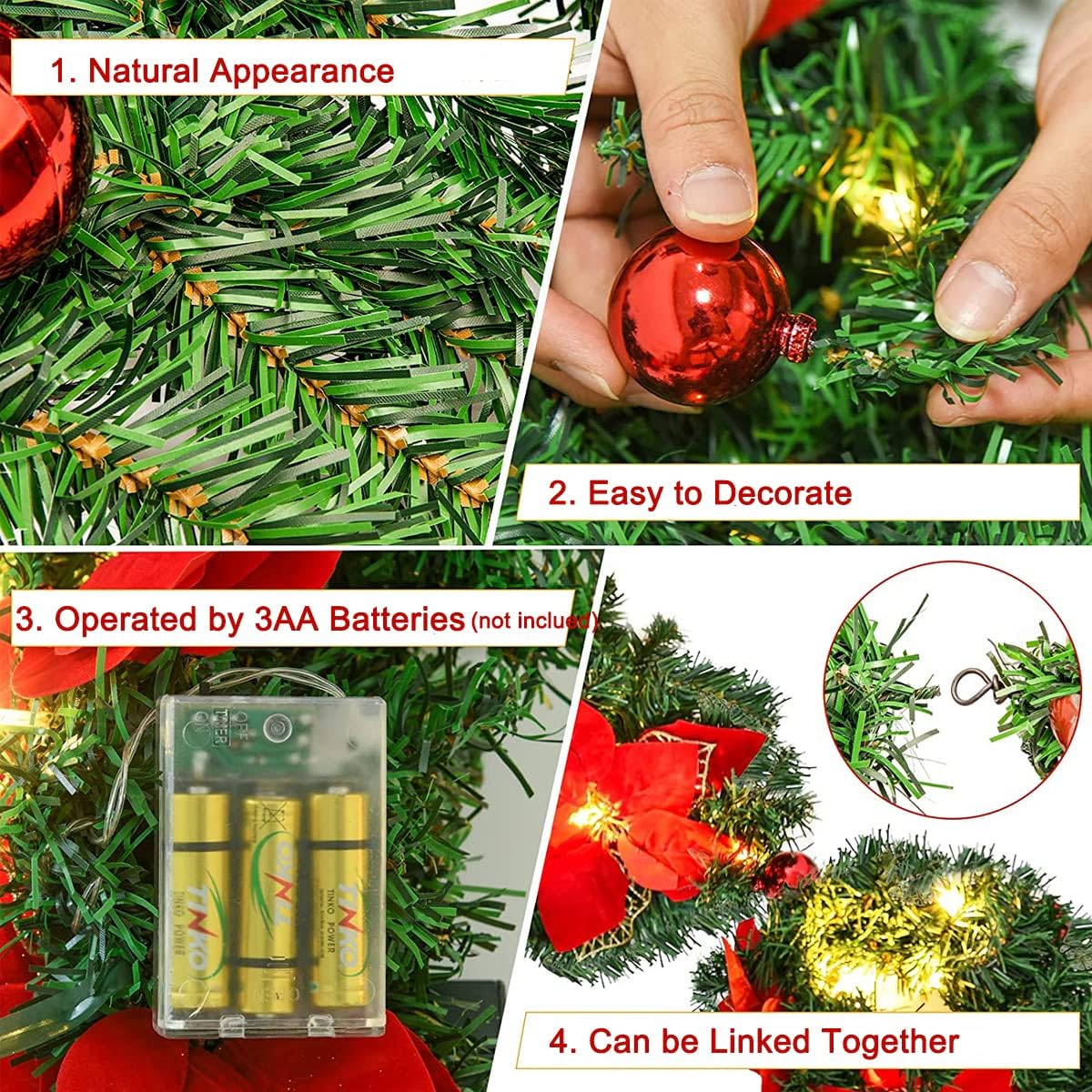 2.7M Christmas Garland with Lights Rattan Artificial Garland Green for Indoor Home Fireplace Stair V201-W12360742