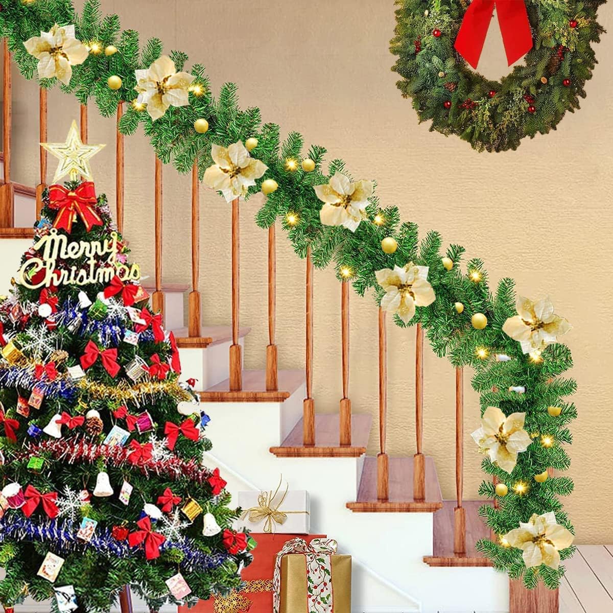 2.7M Christmas Garland with Lights Rattan Artificial Garland Green for Indoor Home Fireplace Stair V201-W12360742