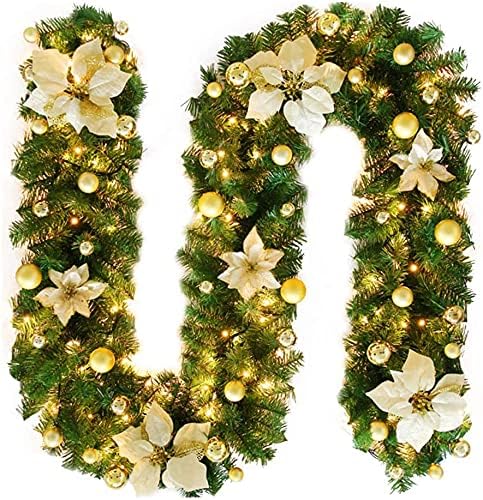2.7M Christmas Garland with Lights Rattan Artificial Garland Green for Indoor Home Fireplace Stair V201-W12360742